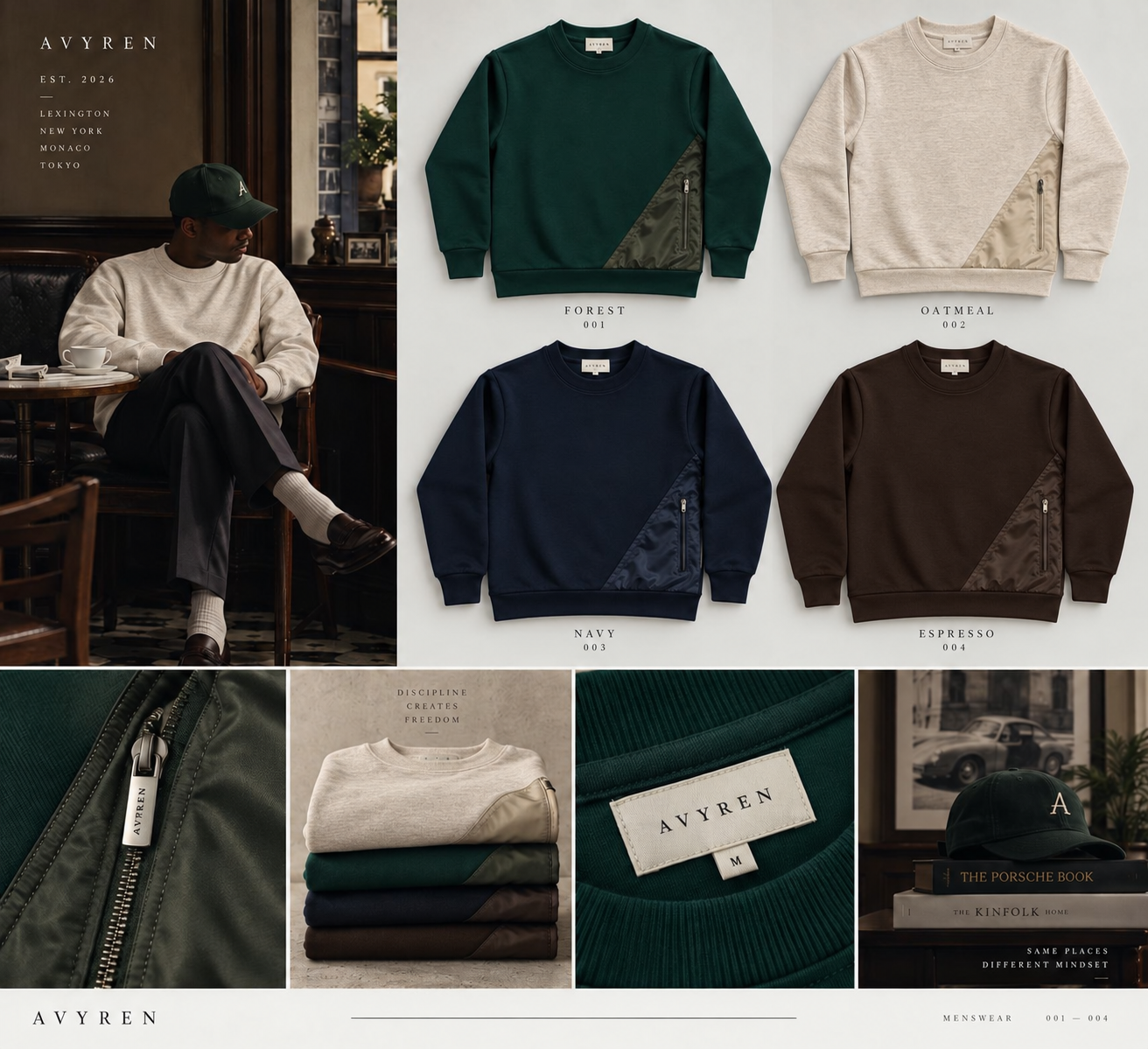 AVYREN oatmeal crewneck and forest green A cap, worn in a quiet café.